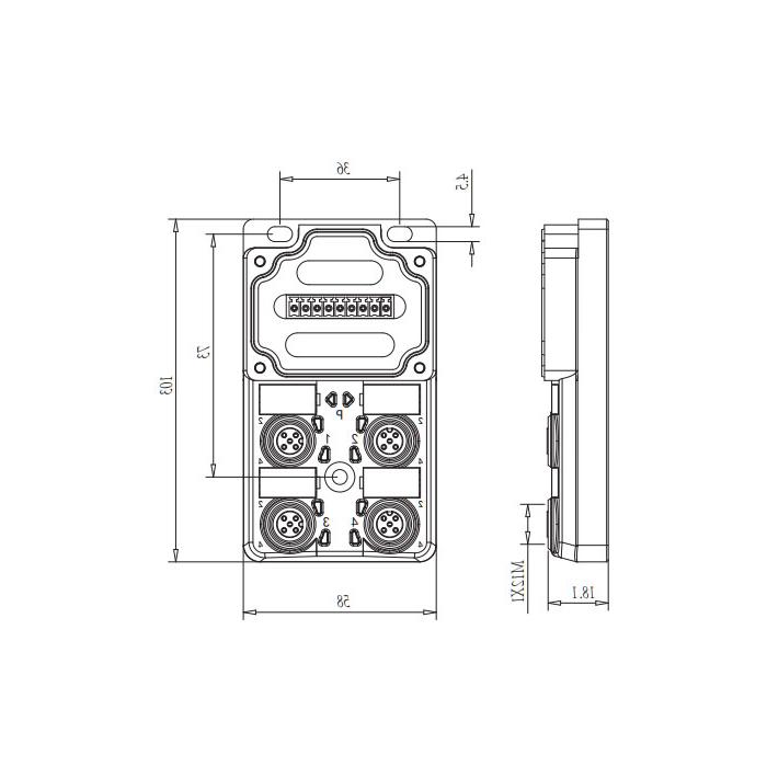 M12 junction box, single channel, Without LED, 4-port split, PCB terminal, 24W409